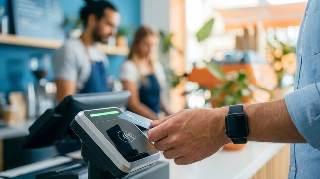 Man making contactless payment with credit card at cafe