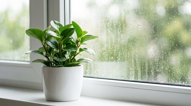 The concept of indoor humidity and condensation on a white plastic window frame.