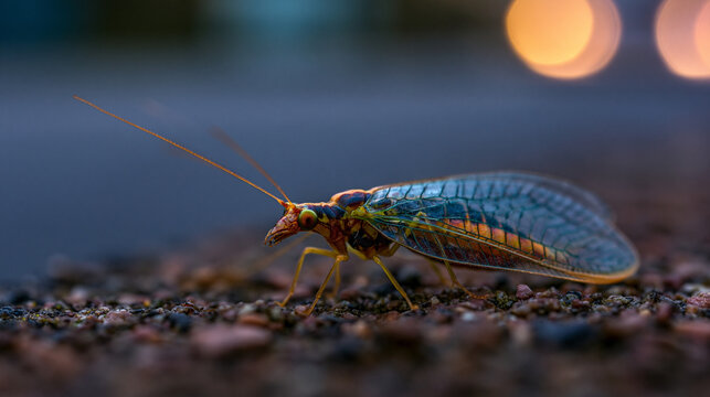 Extreme close-up of a lacewing insect on the ground with blurred lights in the background