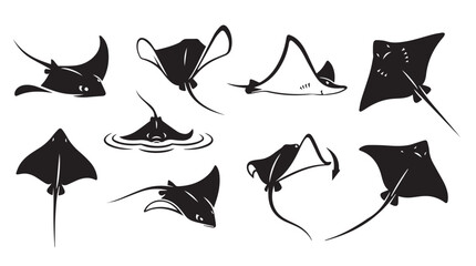 Obraz premium Group of stingrays in silhouette swimming against a white background with diverse poses and movement