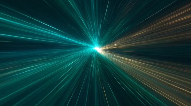 Neon light streaks travel through a dark void toward a bright center, representing motion, speed, cyberspace, energy, data flow, quantum physics, and hyperspace
