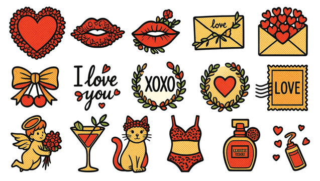 Valentine stickers vector illustration set featuring romantic symbols like red hearts love letters cute cat cupid and stylish fashion elements for greeting cards design projects