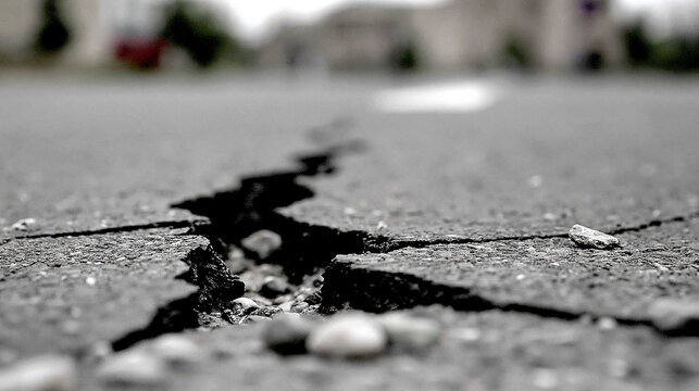 Close-up of a cracked asphalt road surface with damage control pavement weathering