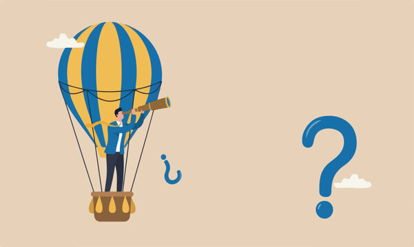 Business plan bigger one fall achieve mission victory or career path concept, smart businessman flying high on hot air balloon using spyglass or telescope to see through business vision