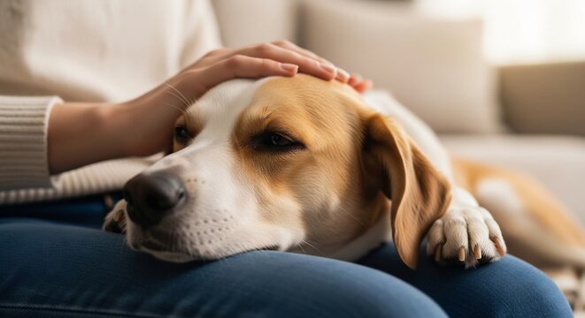 Close-up of a beagle dog resting its head on its owners lap.