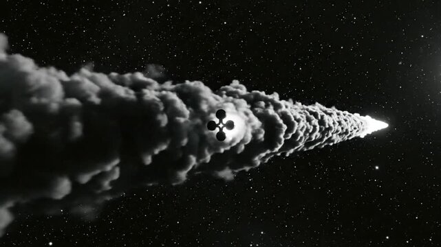 Black and white animated sequence of a spaceship with the XRP symbol accelerating through space, leaving a trail of smoke and stars behind.