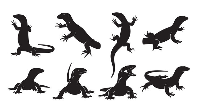 Lizard silhouettes in various poses against a white background during daytime with copy space for design