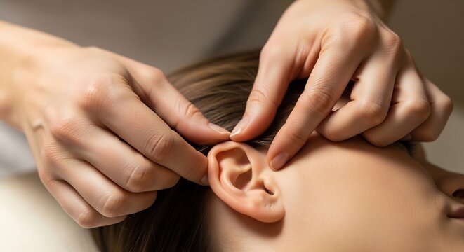 Close-up of a person receiving an ear massage for relaxation and wellness.