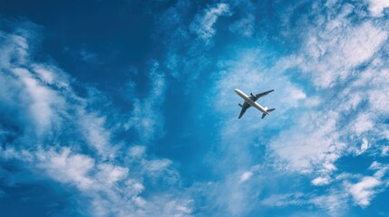 Fototapeta premium Distant passenger aircraft gliding through a clear blue sky with fluffy clouds, ideal header image