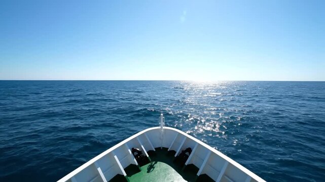 Bow of a ship sailing on the open blue ocean under a bright sunny sky for travel video background