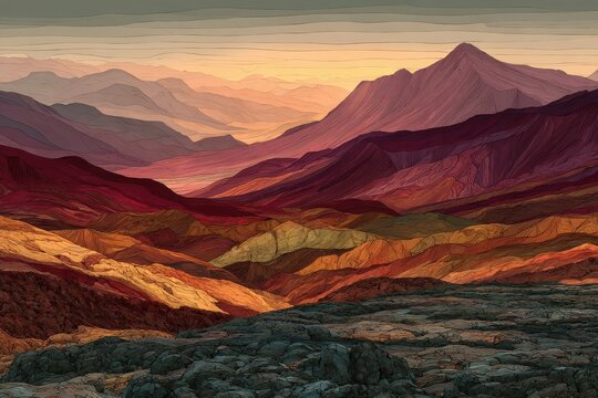Dreamlike geological panorama: stratified rock formations and dried lava fields in sunset tones
