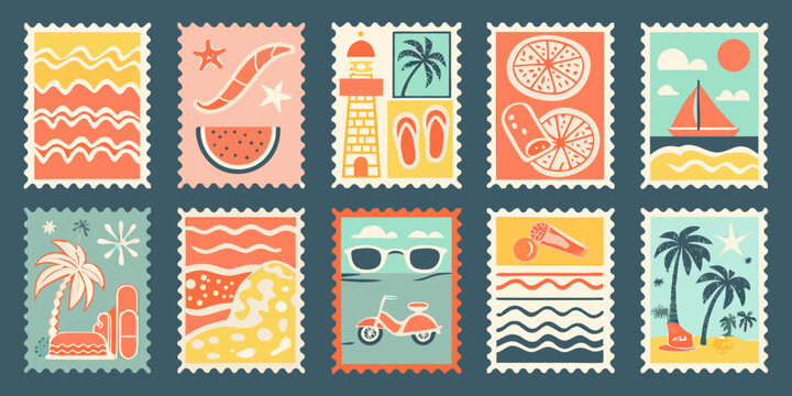 vintage travel stamps collection summer themed illustrations