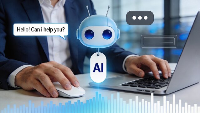 AI chatbot offering customer support on laptop screen, automated assistance concept, virtual agent interaction, help desk service, conversational interface, voice command system,