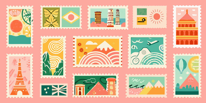 vintage style postage stamps featuring travel destinations and landmarks