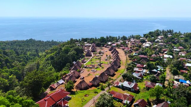 Aerial view of Kampung Adat Nggela traditional village featuring unique thatched-roof houses surrounded by dense tropical greenery and the blue ocean in Wolojita, East Nusa Tenggara, Indonesia.