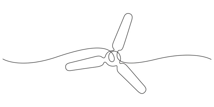 Ceiling fan one line art continuous minimalist vector electric appliance outline illustration. Minimalist continuous line drawing of a ceiling fan, ideal for home appliance branding.