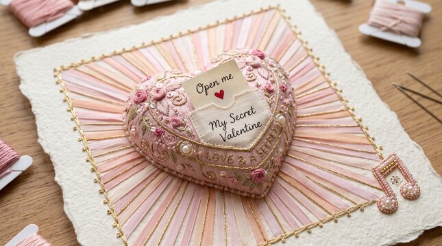 Embroidered Heart with a Secret Base white or cream heavy paper. - Center a 3D embroidered heart (stumpwork or padding stitch technique), stuffed with holofiber for a 3D effect (2)