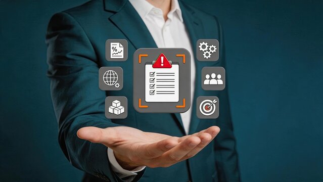 Business executive presenting compliance checklist with warning alert icon surrounded by analytics and strategy symbols for risk management