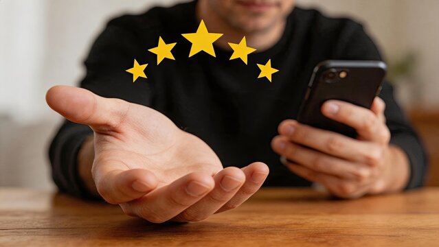 Five star rating request concept, hand asking for positive review, customer feedback loop, social proof marketing strategy, reputation management for online business and brand