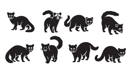Obraz premium Various civet cat poses in black silhouette against a white background for graphic design