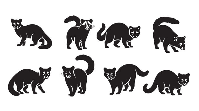 Various civet cat poses in black silhouette against a white background for graphic design
