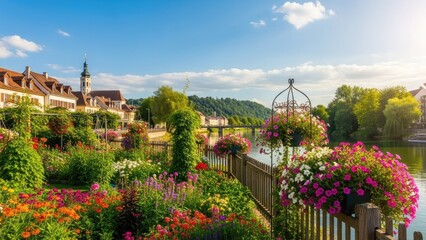 Naklejka premium Colorful flower garden overlooking historic town with river and church tower
