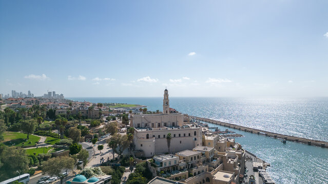 aerial view of old jaffa and st peter's church by mediterranean sea in tel aviv