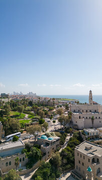 drone view of old jaffa coastline and st peter's church in tel aviv israel