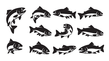 Obraz premium Various salmon fish silhouettes in dynamic poses against a white background for commercial design
