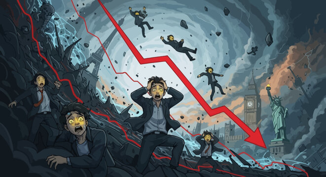Illustration of people falling into chaos.