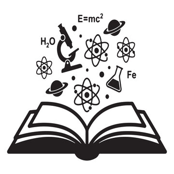 Black and white illustration of science and education concepts coming out of an open book on a white background