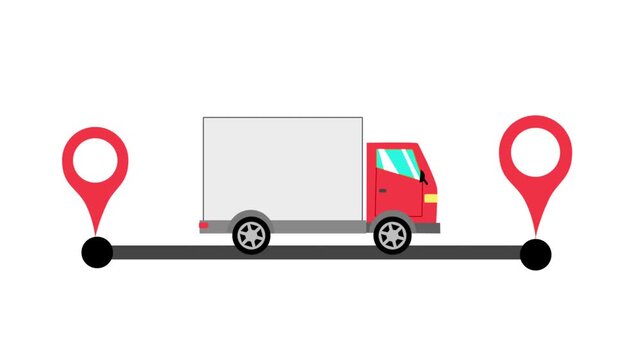 A red delivery truck drives along a route between two red location pin markers on a clean white background.