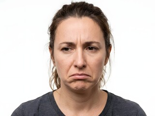 Obraz premium Woman with concerned expression against white background portrait