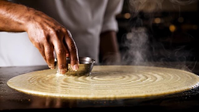 Elevated culinary tradition with chef spreading dosa batter on hot cast-iron tawa in upscale kitchen, premium South Indian food delivery, restaurant hospitality and culinary tourism visuals