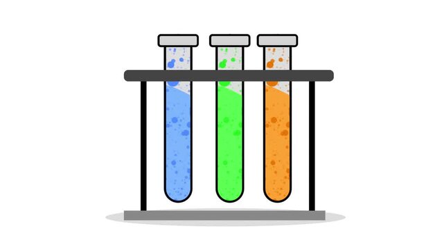 Animation test tubes with colorful blue green and orange bubbling liquids in a rack on a white background.
