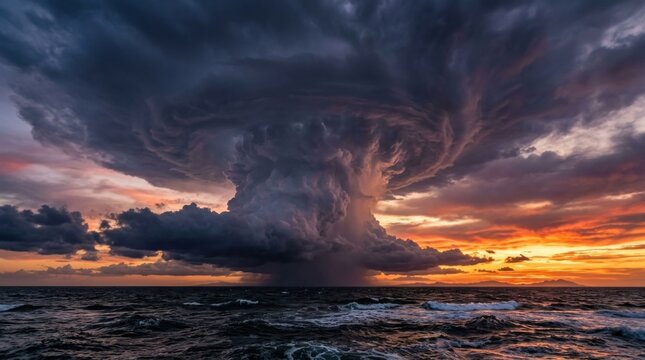 Dramatic Supercell Thunderstorm Over Ocean at Sunset.
