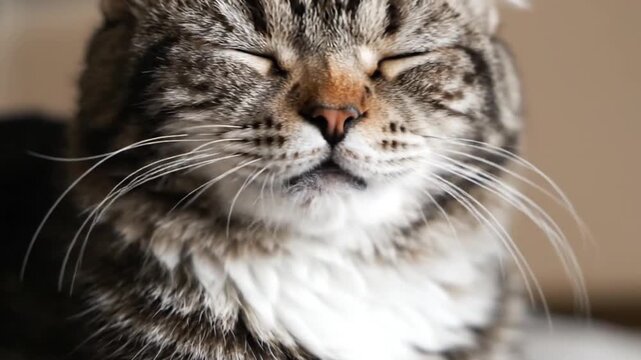 Close Up Footage of a Tabby Cat Making a Funny Face with Squinted Eyes and Open Mouth for Social Media