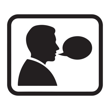 Silhouette icon of a man speaking with a speech bubble in a rounded frame. Representing communication, dialogue, and verbal interaction