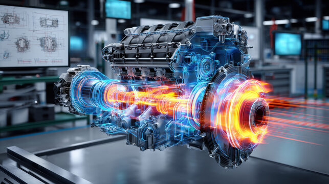 Futuristic jet engine cutaway with glowing energy core representing aerospace engineering, advanced propulsion systems, industrial innovation, and high performance machinery technology.