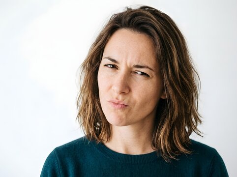 Woman with questioning expression against white background