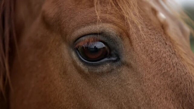 Close up of a brown horse's eye blinking, showing eyelashes and fur texture in a static footage shot.