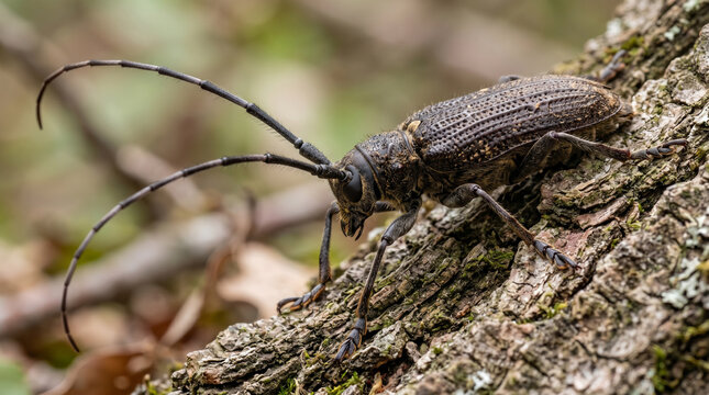Longhorn beetle resting on textured tree bark, antennae prominent as it blends into the wood in a close-up outdoor macro view highlighting camouflage and detail