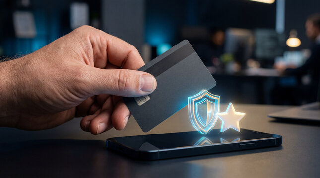 A hand holding a credit card over a smartphone with a glowing shield and star symbolizing secure online payment and protection