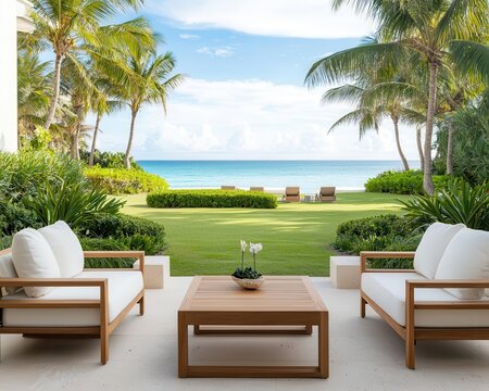 Oceanfront outdoor living room with teak furniture, palm trees, and lush lawn