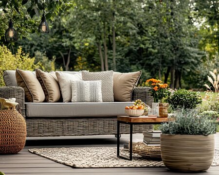 Designer patio with outdoor rugs, sculptural lighting, and manicured garden