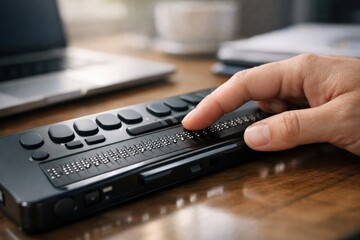 Person's hand interacts with a braille display device on a wooden desk, with a laptop and documents visible in the background