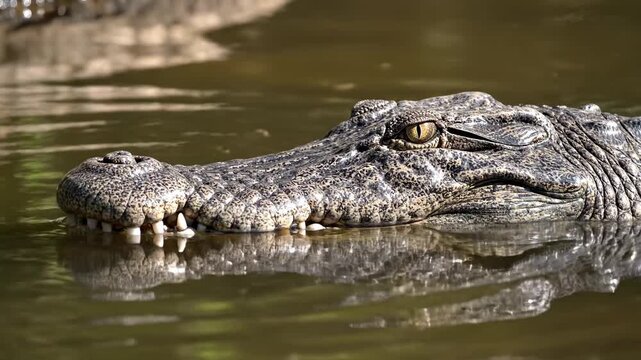 Fascinating reptilian predator with scaly skin and piercing eyes emerges from murky water, its powerful jaws and sharp teeth hinting at its wild nature within its natural aquatic habitat