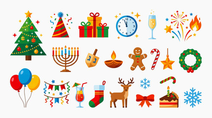 Naklejka premium A colorful set of holiday-themed illustrations including a Christmas tree, gifts, and ornaments, perfect for seasonal designs.