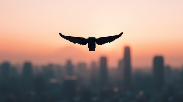 AI-powered urban drone for bird migration tracking thermal camera lens, bird silhouette, subtle heat signature, ecological data overlay.