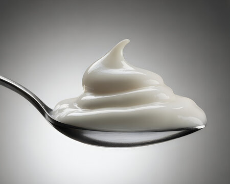 Single spoonful of smooth creamy yogurt against a grey background